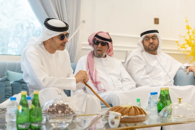 Hazza bin Zayed visits Matar Hamad bin Omaira Al Shamsi at his retreat in Al Ain Region
