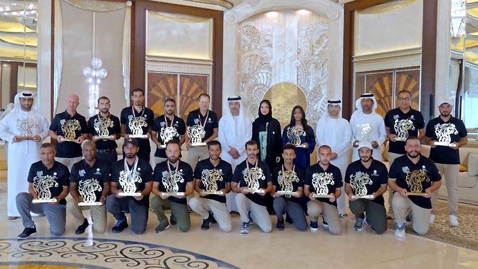 Hazza bin Zayed receives UAE show jumping team and congratulates them on qualifying for the Paris 2024 Olympics