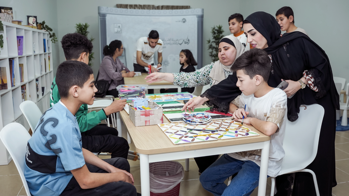 Family Development Foundation providing psychological support services to Palestinian families at Emirates Humanitarian City
