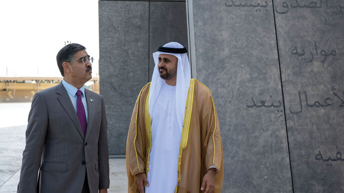 Theyab bin Mohamed bin Zayed receives Prime Minister of Pakistan at Wahat Al Karama