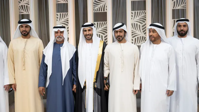 Nahyan bin Mubarak, Khalifa bin Tahnoon bin Mohammed and Rashid bin Humaid Al Nuaimi attend Mohammed Rashid Omran bin Taryam wedding reception