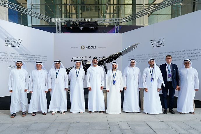 Khaled bin Mohamed bin Zayed tours Abu Dhabi Finance Week activities and witnesses unveiling of Falcon Economy sculpture