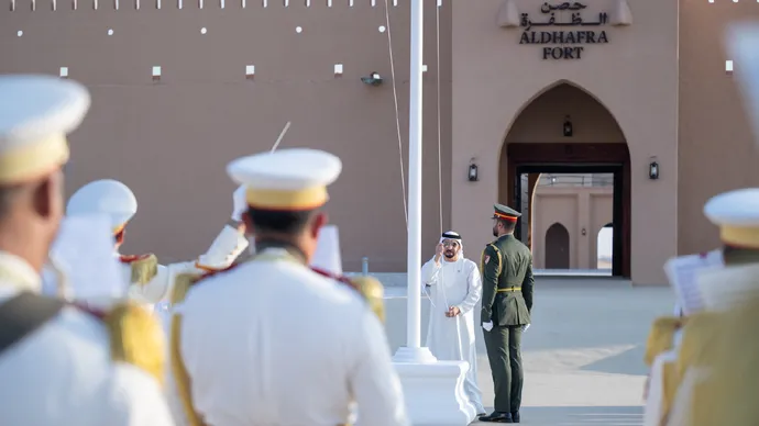 Hamdan bin Zayed Raises UAE Flag at Al Dhafra Fort to Mark Flag Day