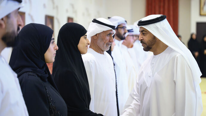 Hamdan bin Zayed receives top-achieving high school students from Al Dhafra Region