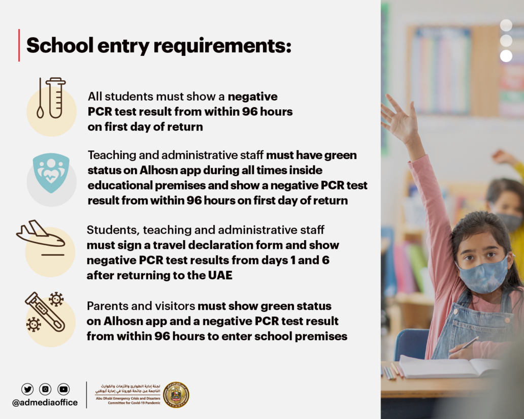 Abu Dhabi Emergency, Crisis and Disasters Committee approves gradual return to in-classroom learning for all students at public and private schools, universities, colleges and training institutes in the emirate