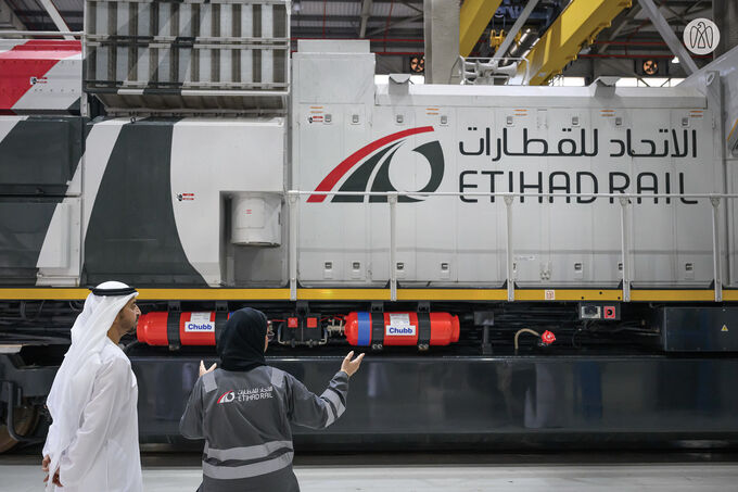 Hamdan bin Zayed reviews progress at Etihad Rail Depot in Al Mirfa City