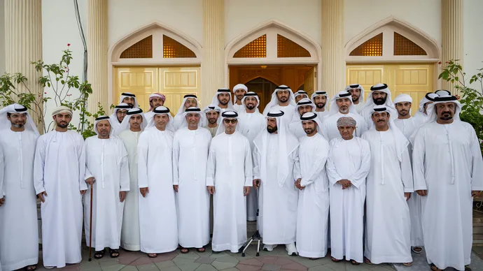 Hazza bin Zayed visits Mohammed Shaml Al Mamari at his residence in Al Ain Region