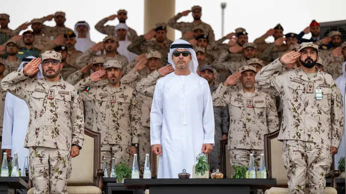 Hazza bin Zayed attends specialised demonstrations by 22nd cohort of national service recruits at Seih Al Hama Training Centre in Al Ain Region