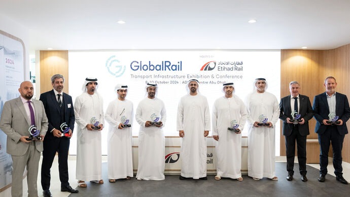 Theyab bin Mohamed bin Zayed meets ministerial representatives and transport sector leaders at Global Rail Transport Infrastructure Exhibition and Conference