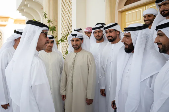 Hazza bin Zayed visits Mohammed Shaml Al Mamari at his residence in Al Ain Region