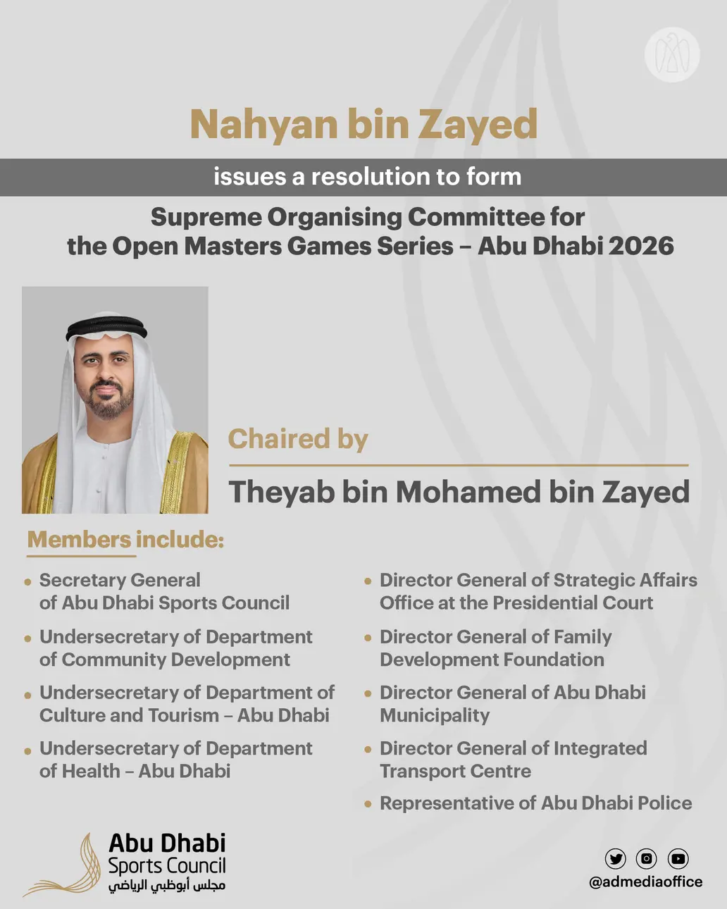 Nahyan bin Zayed issues resolution to form Supreme Organising Committee for the Open Masters Games Series – Abu Dhabi 2026, chaired by Theyab bin Mohamed bin Zayed