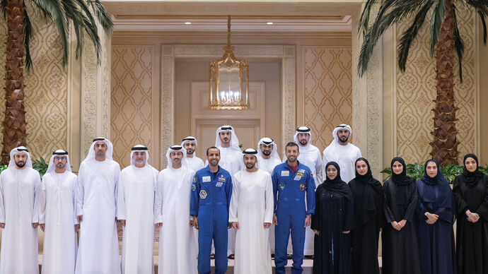 Hamdan bin Zayed receives delegation from space sector at Al Nakheel Palace