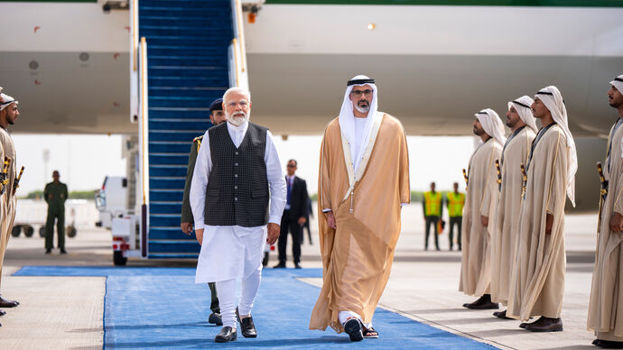 Prime Minister of India arrives in UAE on official visit received by Crown Prince of Abu Dhabi
