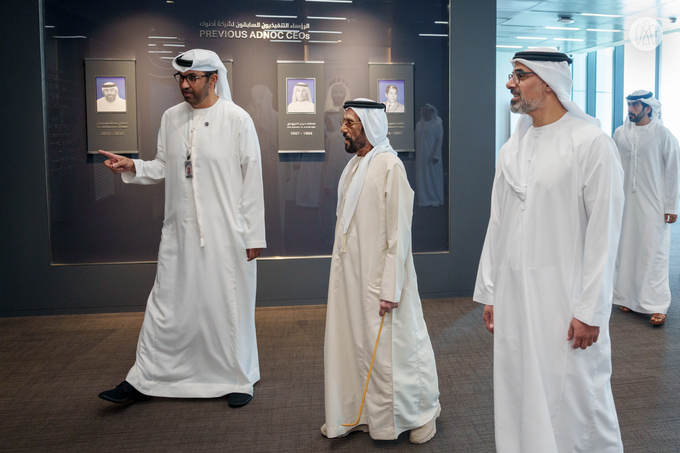 Khaled bin Mohamed bin Zayed receives Tahnoon bin Mohammed Al Nahyan at ADNOC headquarters during visit to review company’s role in advancing national economic growth