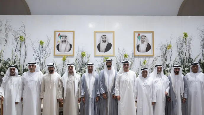 Hamed bin Zayed, Nahyan bin Mubarak and Khalifa bin Tahnoon bin Mohammed attend reception for Al Hameli and Al Remeithi weddings in Abu Dhabi