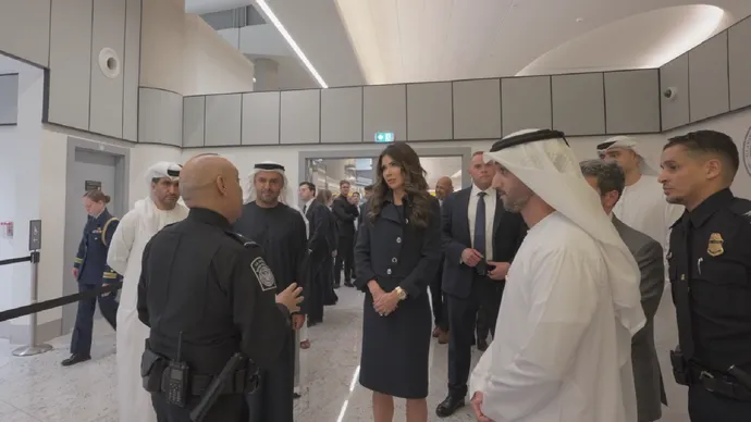 Mohammed bin Hamad bin Tahnoon receives US Secretary of Homeland Security at Zayed International Airport