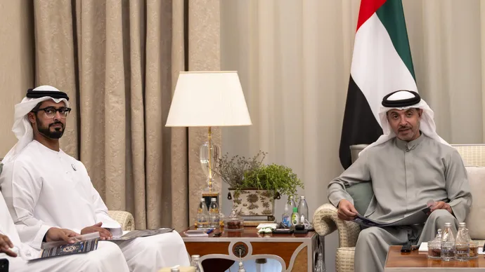 Hazza bin Zayed receives delegation from IHC and 2PointZero Group