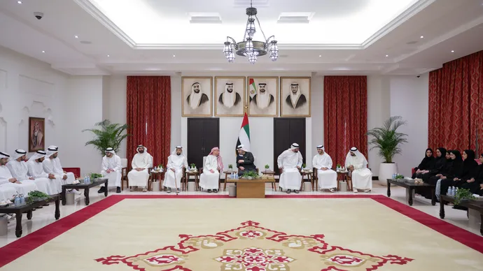 Hamdan bin Zayed receives teachers and citizens at Majlis Zayed City