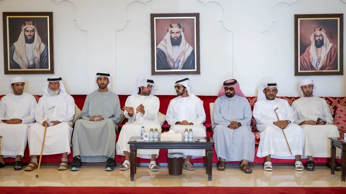 Khalifa bin Tahnoon bin Mohammed and Shakhboot bin Nahyan offer condolences on the passing of Saif Mubarak Al Khaili